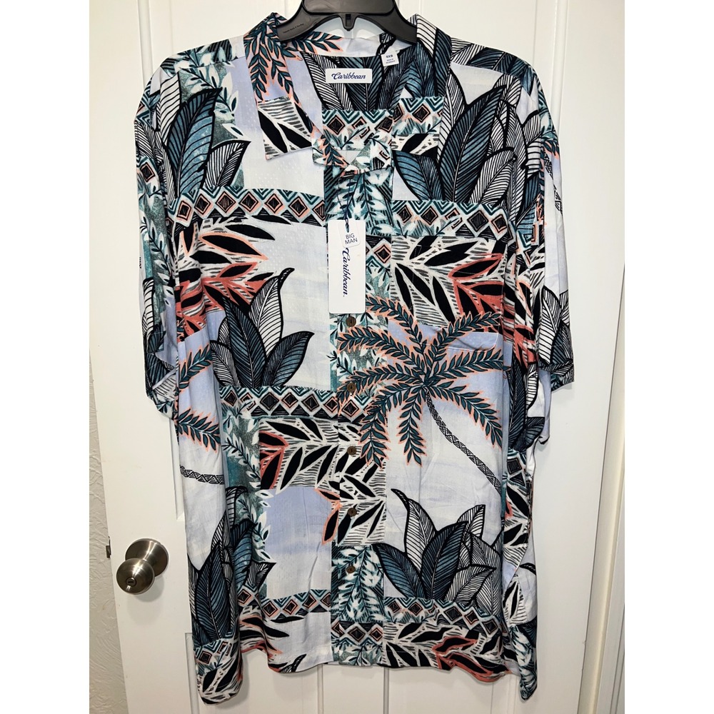 NEW Caribbean Big Man Tropical Palm Print Rayon Short Sleeve Button Shirt 4XB